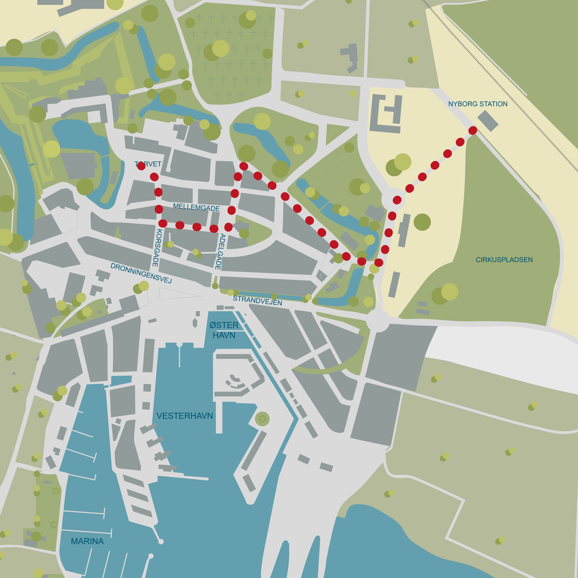 Kort over den rute Den Kongelige Livgarde skal gå i Nyborg 1. november 2025