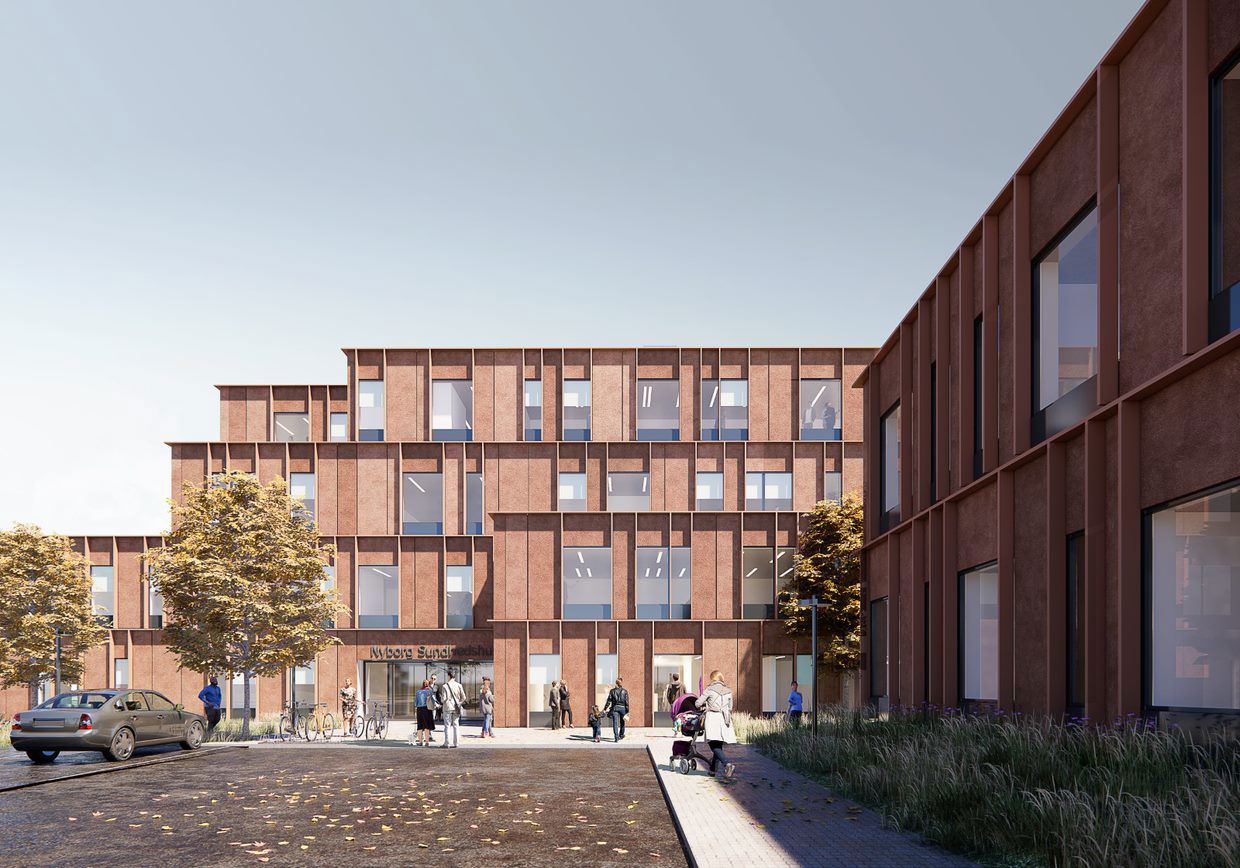 Visualisering af Sundhedshuset udefra midtfor