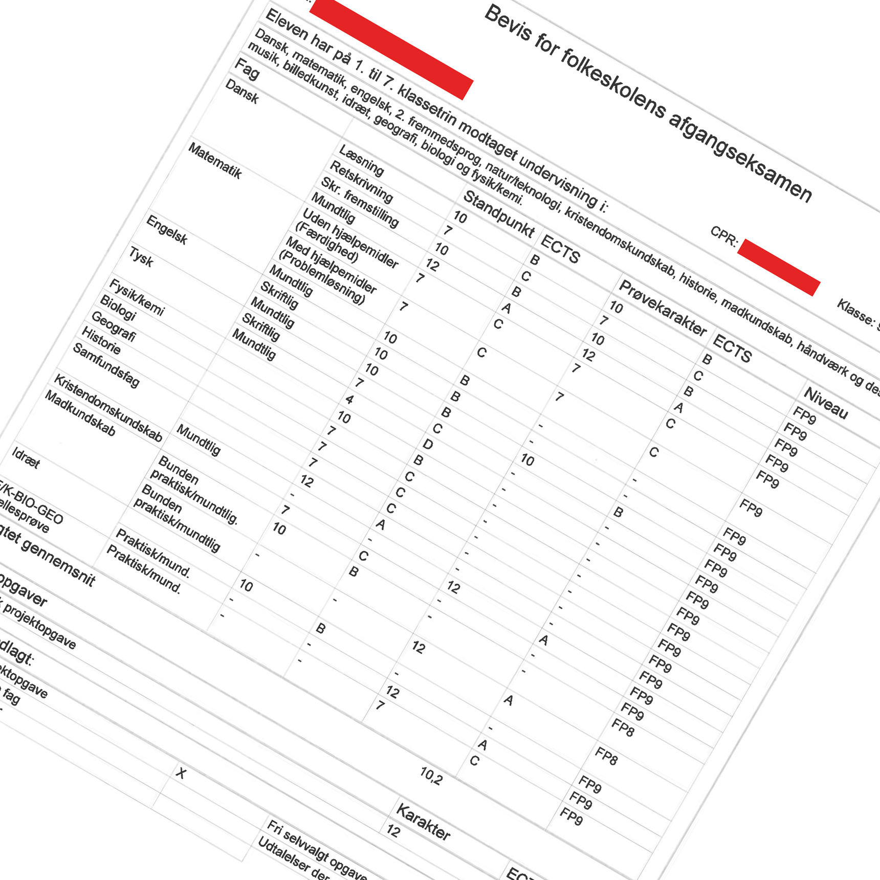 Eksempel på et eksamensbevis fra folkeskolen